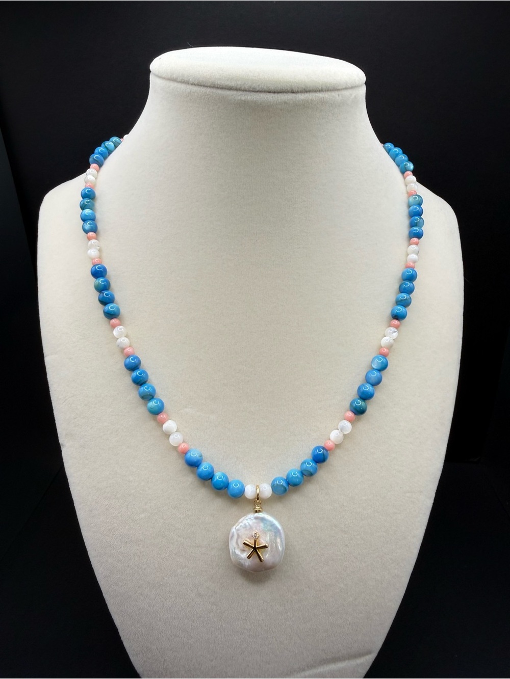 Handmade Blue Shell Necklace with Pearl Starfish Pendant